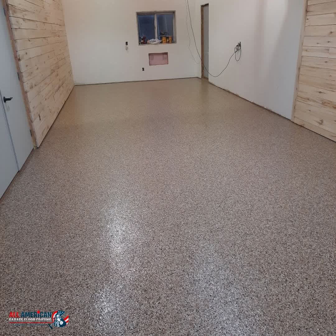 Finished polyurea garage floor with flake broadcast