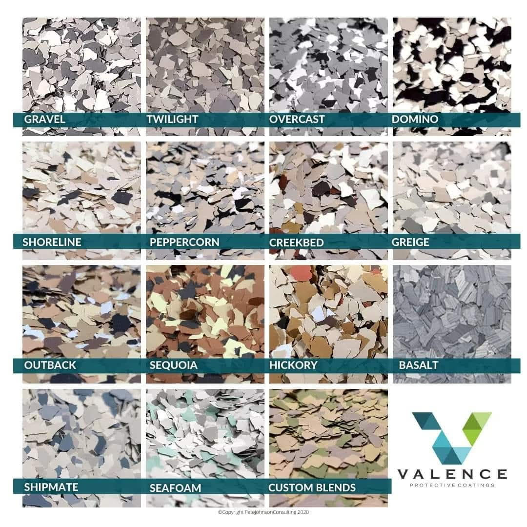 Valence flake color chart with multiple decorative flake blend options